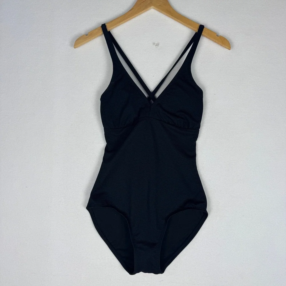Catalina‎ Womens Black Ribbed One Piece Swimsuit Double Strap V-Neck Small 4-6